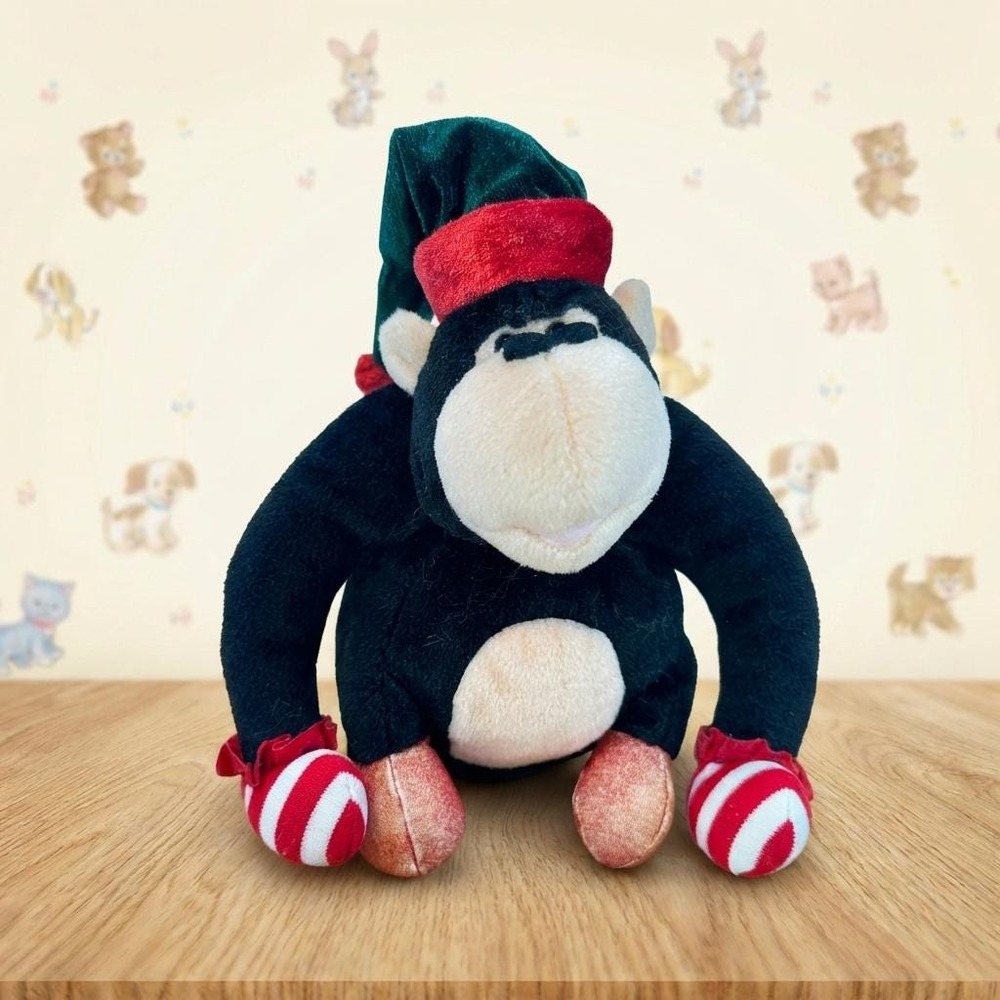 Vintage Christmas Gorilla Plush - Black Ape - Santa Hat and Striped Cuffs